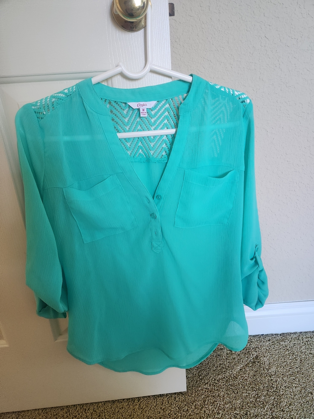 Candie's Turquoise V-Neck Sheer Blouse with Lace Back